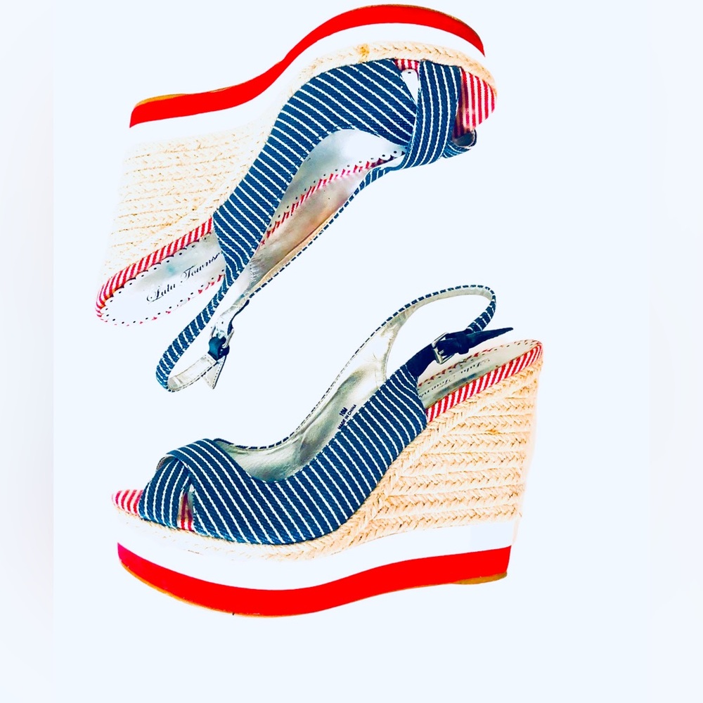 Lula Townsend Striped Peep Toe Wedge Heels